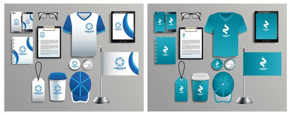 Set of blue and white elements with stationery templates Illustrazione stock