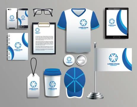 Set of blue and white elements with stationery templates Illustrazione stock