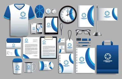Set of blue and white elements with stationery templates Stock Illustration