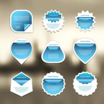 Set of blue and white vector stickers on blured background.  Vector illustrat Stock Illustration