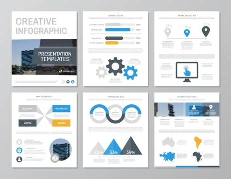 Set of blue and yellow elements for multipurpose a4 presentation template slides 스톡 일러스트