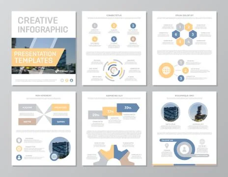 Set of blue and yellow elements for multipurpose a4 presentation template slides 스톡 일러스트