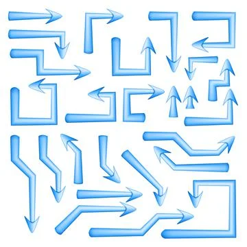 Set of blue arrows pointers with sharp straight angular turns isolated on whi Stock Illustration