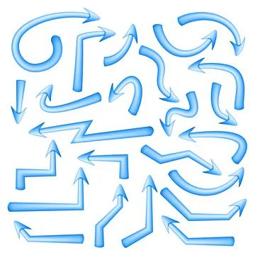 Set of blue arrows pointers with soft turns isolated on white. Stock Illustration