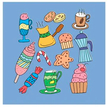 Set on a blue background from several objects - cups with tea and coffee, cake Stock Illustration