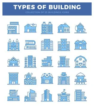 Set of blue building icons representing various architectural styles on a w.. Ilustración de archivo