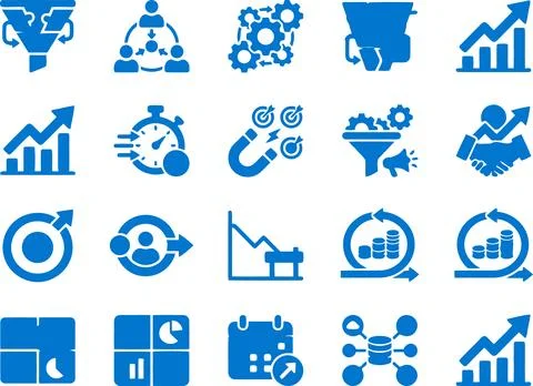 Set of Blue Business Data Icons Illustrating Sales Funnel Growth and Analytic Stock Illustration