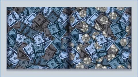 Set of blue camouflage pattern with 100 dollar banknote, silver coins. Stock Illustration