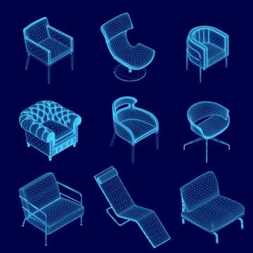 Set of blue chairs with different shapes and sizes. The chairs are arranged in a Stock Illustration