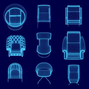Set of blue chairs with different shapes and sizes. The chairs are arranged in a Stock Illustration