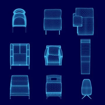Set of blue chairs with different shapes and sizes. The chairs are arranged in a Stock Illustration