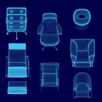Set of blue chairs with different shapes and sizes. The chairs are arranged in a Illustrazione stock
