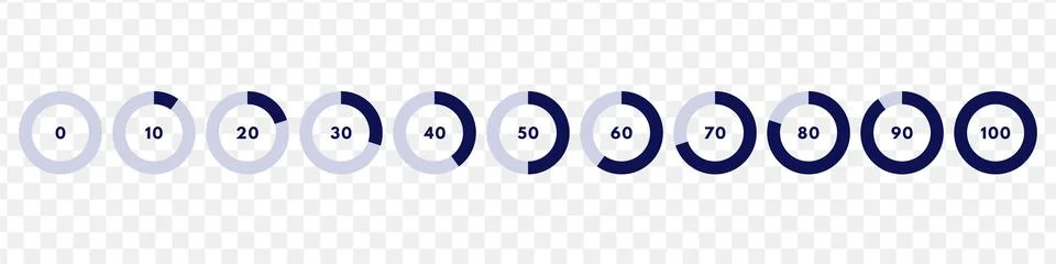 Set of blue circular progress bar. Timer icon with ten percent interval. Down Stock Illustration
