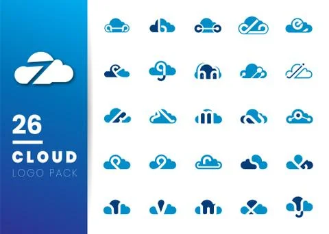 Set of blue Cloud logo icon with negative space letter. Modern simple logo te 스톡 일러스트