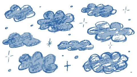 Set of blue clouds drawn in chalk, children's drawing of the sky, hand drawn Stock Illustration