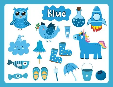 Set of blue color objects. Primary colors flashcard with blue elements Stock Illustration