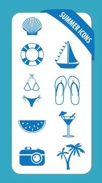 Set of blue colored beach icons. Stock Illustration