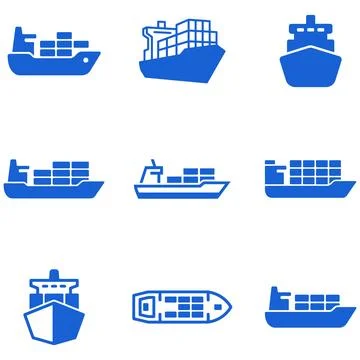 Set of blue container ship icons representing cargo transport and logistics Ilustración de archivo