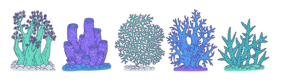 Set blue corals different forms. Vector coralline reef ocean animals underwater Stock Illustration