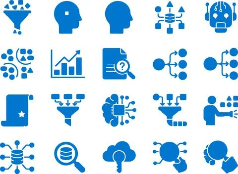 Set of Blue Data Science and Artificial Intelligence Icons for Digital Tech.. Stock Illustration