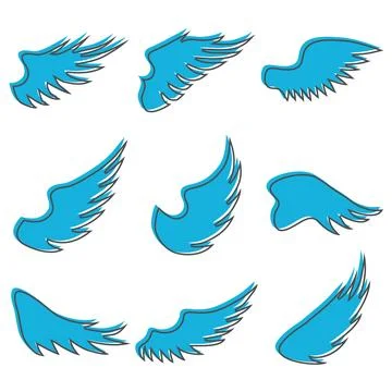 Set of Blue Decorative Wings with Dark Outlines for Logo and Graphic Design. Illustration