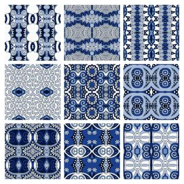 Set of blue different seamless colored vintage geometric pattern Stock-Illustration