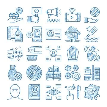 Set of blue doodle style line icons Stock Illustration