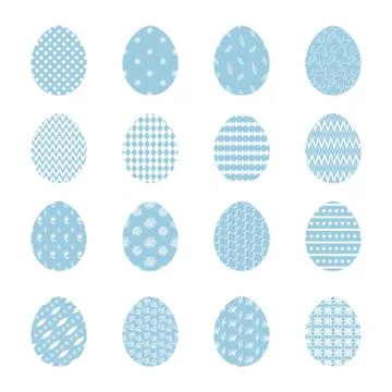 Set of blue Easter eggs with white decoration Stock Illustration