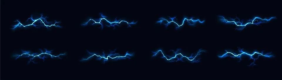 Set of Blue Electric Lightning Strikes on Dark Background Stock Illustration