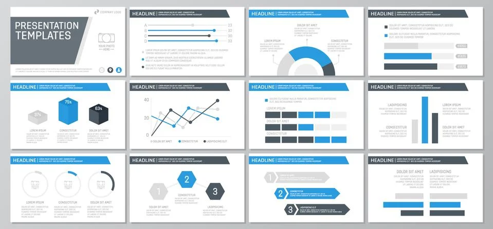 Set of blue elements for multipurpose presentation template slides with graphs イラスト素材