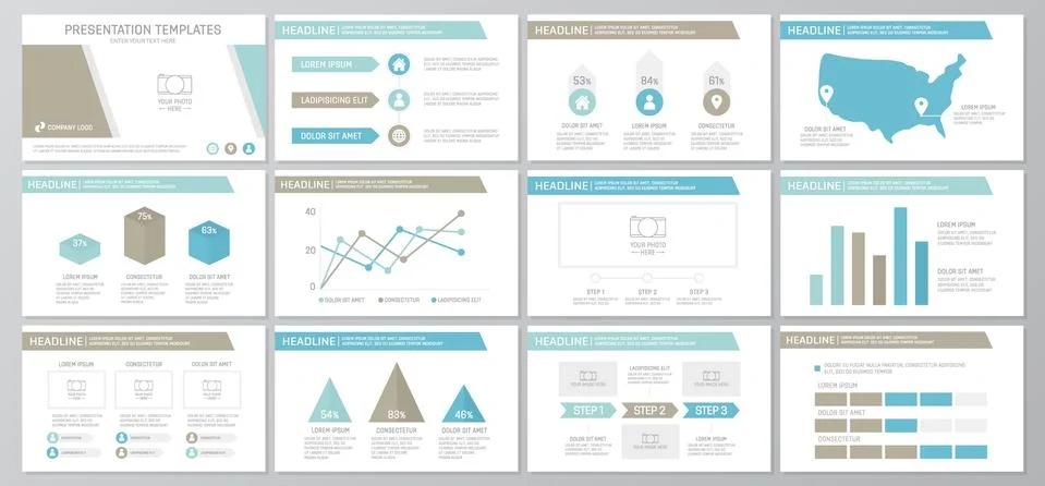 Set of blue elements for multipurpose presentation template slides with graphs Illustrazione stock