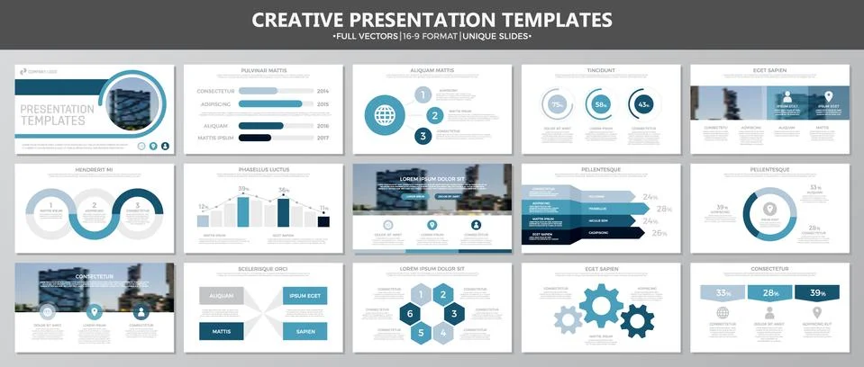 Set of blue elements for multipurpose presentation template slides with graphs 스톡 일러스트