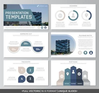 Set of blue elements for multipurpose presentation template slides with graphs Illustrazione stock
