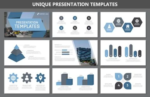 Set of blue elements for multipurpose presentation template slides with graphs Illustrazione stock