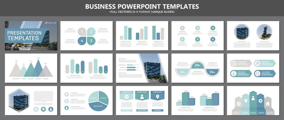 Set of blue elements for multipurpose presentation template slides with graphs 스톡 일러스트