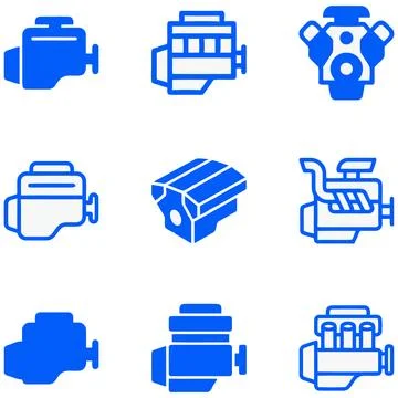 Set of Blue Engine Icons Representing Mechanical Parts for Industrial Desig.. Ilustração Stock
