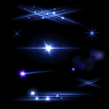 Set of blue flashes, flares and blurs isolated on black background. Vector Stock Illustration