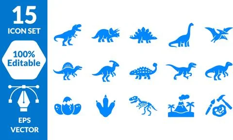 Set of Blue Flat Vector Icons Featuring Various Dinosaurs and Prehistoric F.. 스톡 일러스트