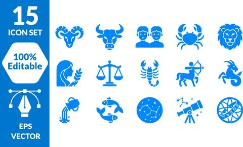 Set of Blue Flat Zodiac Sign Icons Representing Twelve Astrological Symbols 스톡 일러스트