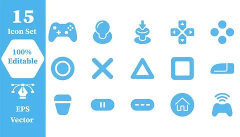 Set of blue gaming controller and game console icons with controller, videoga Stock Illustration
