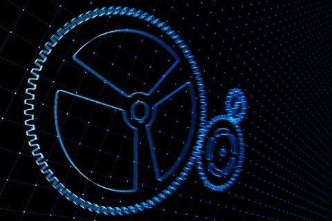 Set of blue gears and cogs on virtual screen Illustrazione stock