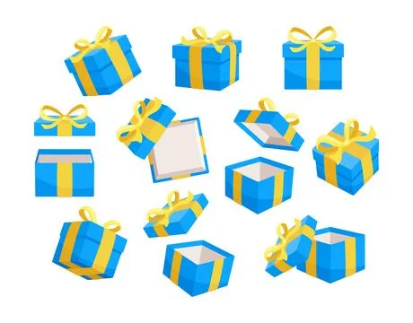Set of blue gift boxes with yellow ribbons are floating and rotating, some of Illustrazione stock