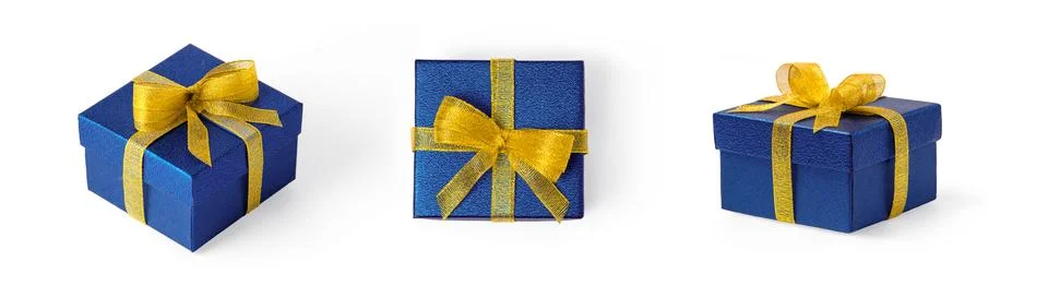 Set of Blue Gift Boxes with Yellow Bows Shown from Different Angles Stock Photos