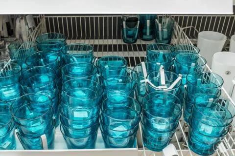 Set of blue glasses in the store Stock Photos