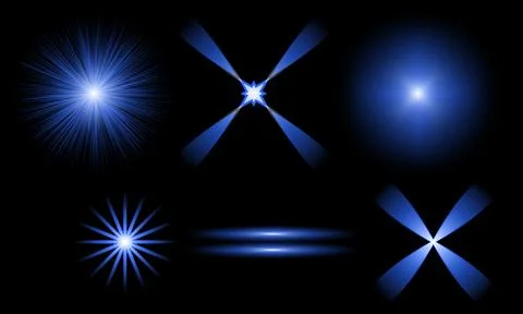 Set of blue glowing light effects, starbursts, and lens flares on a black b.. Stock Illustration