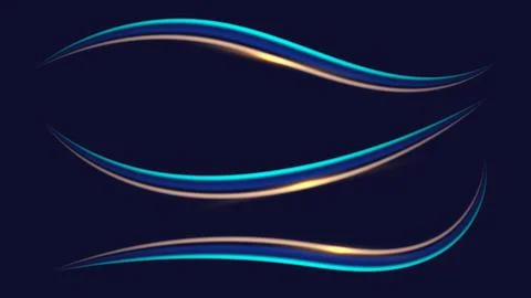 Set of blue glowing lighting effect wave lines elements isolated on dark back Illustrazione stock