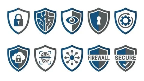 Set of blue gradient security shield icons. Stock Illustration