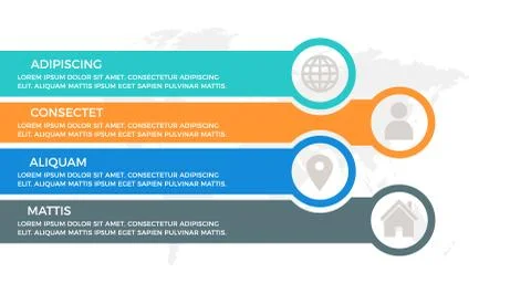 Set of blue, gray, orange and turquoise elements for infographic with world map Stock Illustration