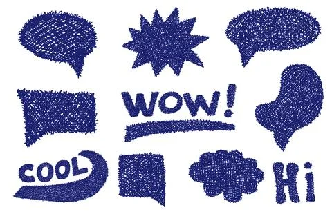 Set of blue grunge doodle hand drawn text bubbles and stickers isolated on white Illustration