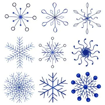 Set of Blue Hand Drawn Snowflake Isolated on White Background. Stock Illustration